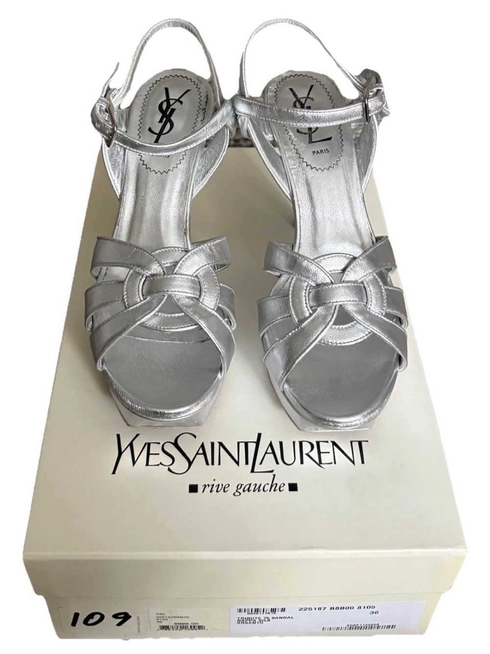 Yves Saint Laurent Metallic Silver Tribute Stiletto Heels Sandals Size 36/6 - Picture 2 of 13